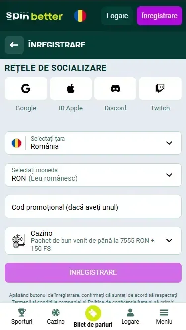 Înregistrare Spinbetter România prin rețele sociale
