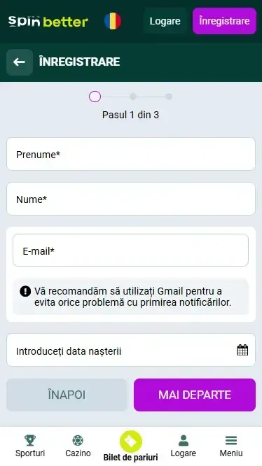 Înregistrare prin e-mail la Spinbetter în România