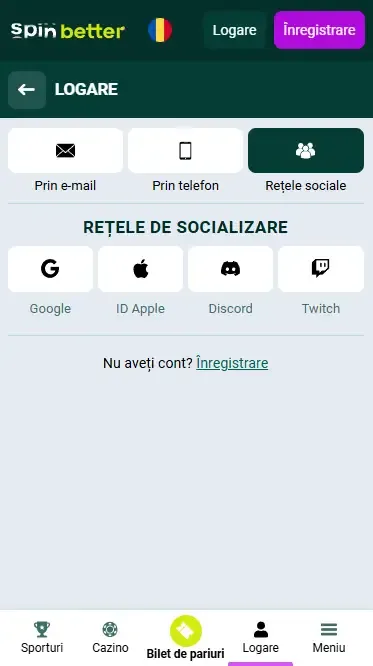 Autentificare Spinbetter România prin rețele sociale