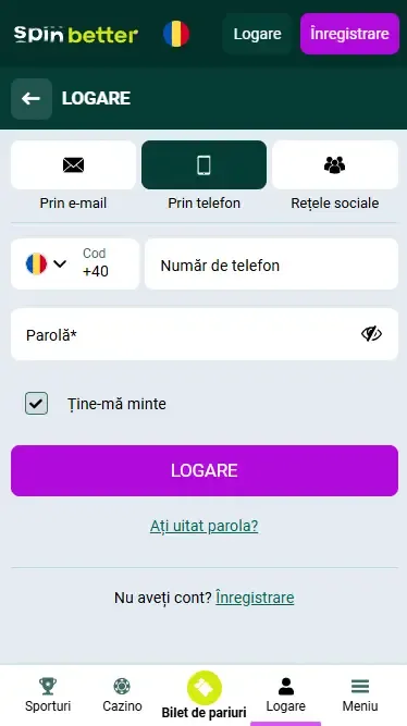 Autentificare Spinbetter România prin număr de telefon