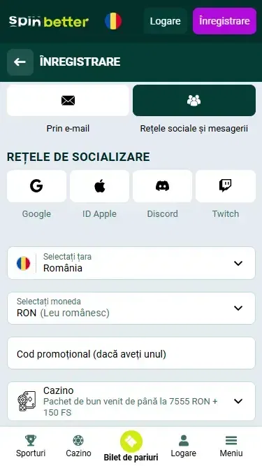 Înregistrare Spinbetter prin rețele sociale