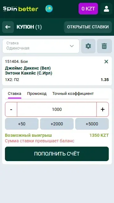 Купон ставки на бокс в Spinbetter
