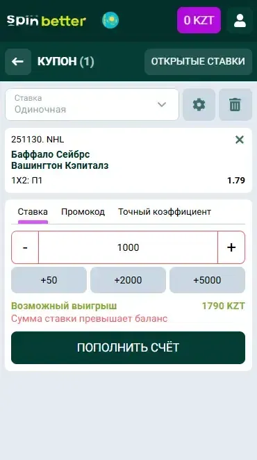 Купон ставок Spinbetter Казахстан на хоккей