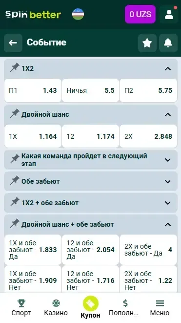 Рынки ставок Spinbetter