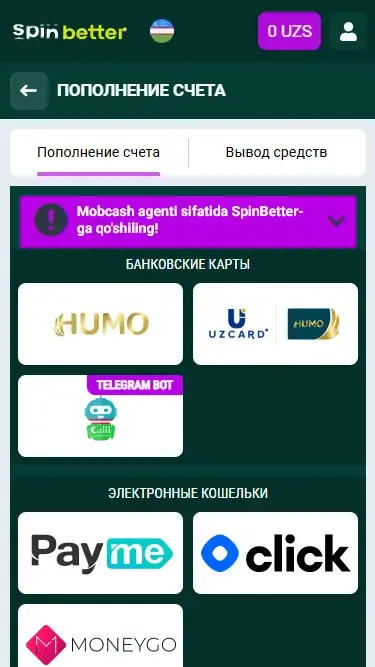 Spinbetter Узбекистан: Варианты депозита