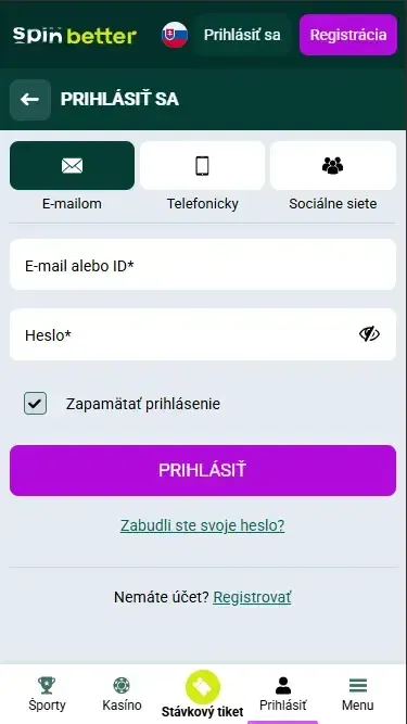 Prihlásenie Spinbetter cez e-mail na Slovensku