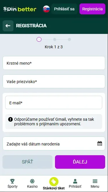 Registrácia Spinbetter cez e-mail na Slovensku