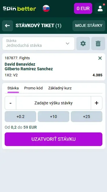 Stávkový tiket Spinbetter pre box
