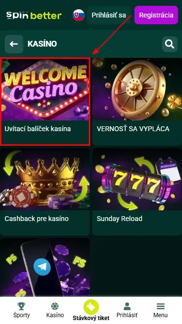 Uvítací balíček kasína Spinbetter Slovensko