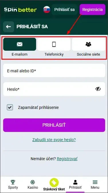 Spinbetter SK: Spôsoby prihlásenia