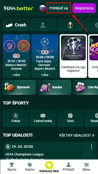 Tlačidlo prihlásenia Spinbetter Slovensko