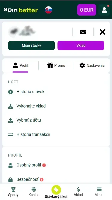 Účet Spinbetter SK