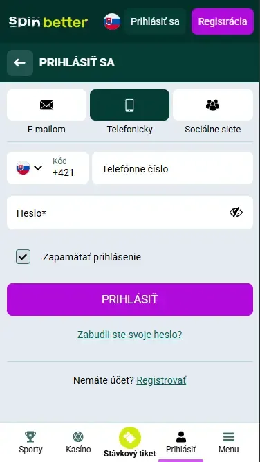 Prihlásenie do Spinbetter Slovensko cez telefónne číslo