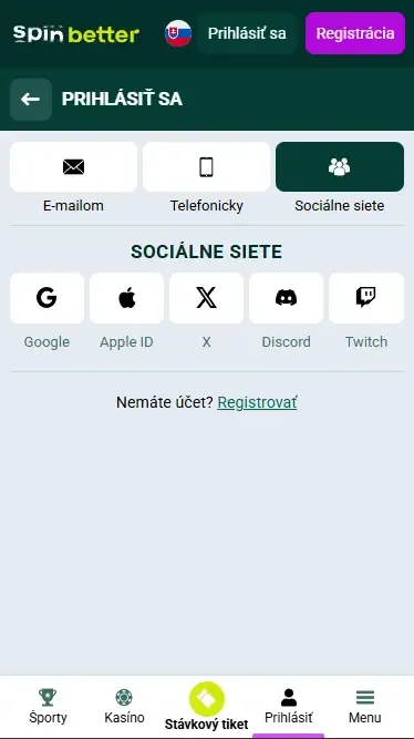 Prihlásenie do Spinbetter SK cez sociálne siete