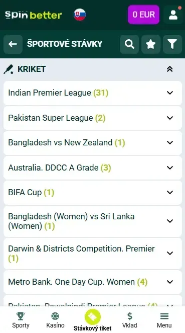 Spinbetter Slovakia Kriketové zápasy a podujatia