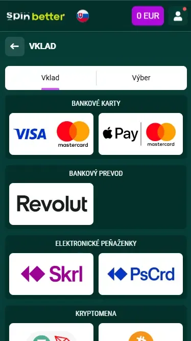 Možnosti vkladu Spinbetter