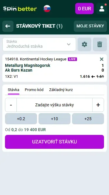 Stávkový tiket Spinbetter na lotyšský hokej