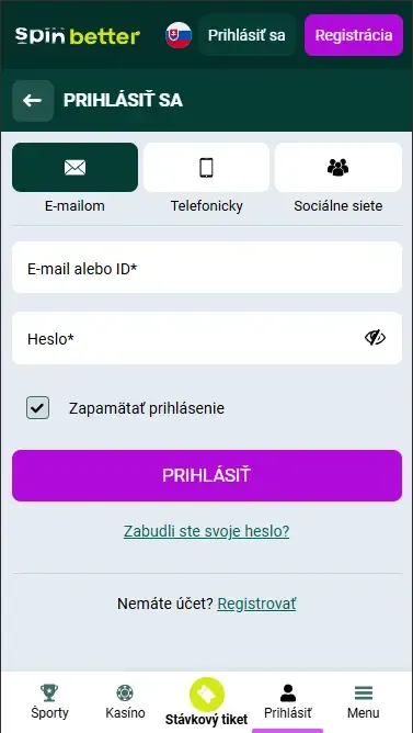 Prihlásenie do Spinbetter Slovensko cez e-mail