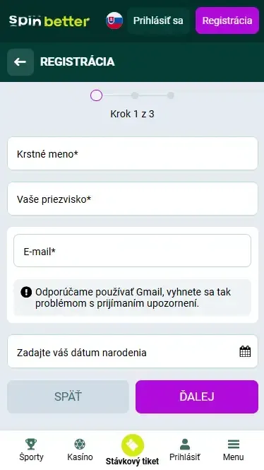 Registrácia Spinbetter Slovensko cez e-mail