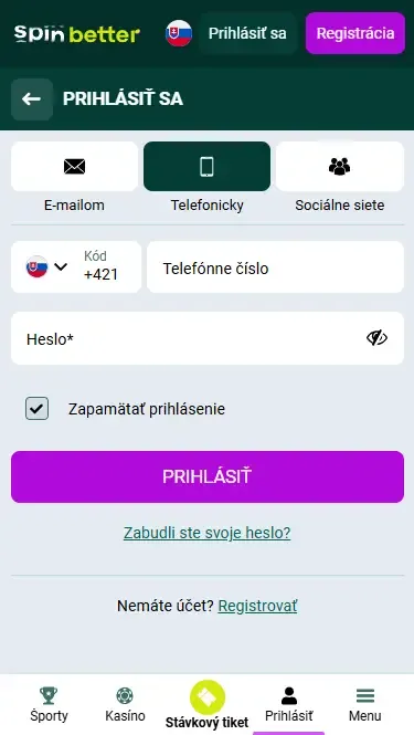 Prihlásenie do Spinbetter Slovensko cez telefónne číslo