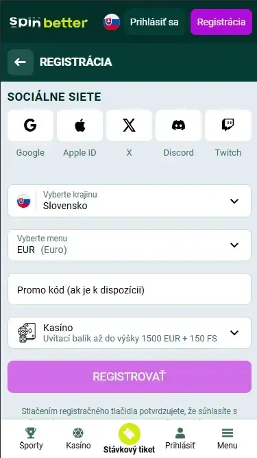 Registrácia Spinbetter Slovensko cez sociálne siete