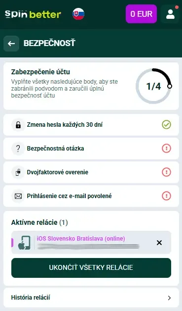 Spinbetter Slovensko: Ochrana účtu