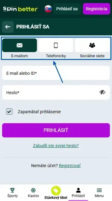 Spinbetter SK: Spôsoby prihlásenia