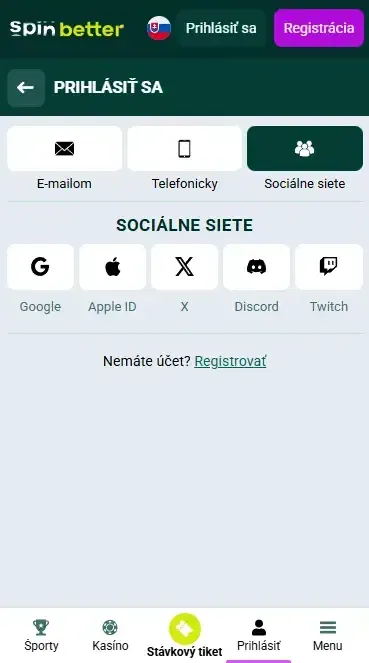 Spinbetter Slovakia: Prihlásenie cez sociálne siete