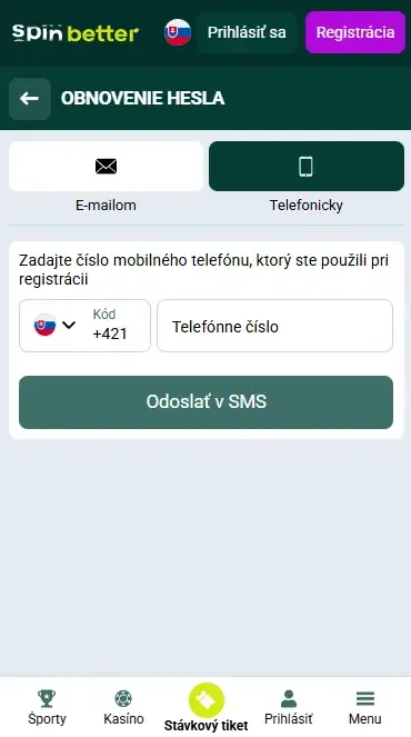 Obnovenie hesla pomocou telefónneho čísla na Spinbetter SK