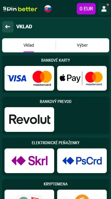 Spinbetter Slovensko: Možnosti vkladu
