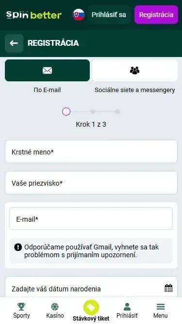 Spinbetter Slovensko: Registrácia cez e-mail