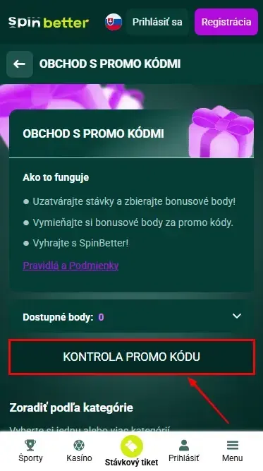 Spinbetter Slovakia: Kontrola promo kódu