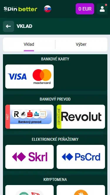 Spôsoby vkladu Spinbetter Slovensko