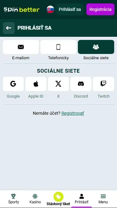 Prihlásenie do Spinbetter Slovensko cez sociálne siete