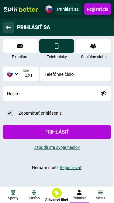 Prihlásenie do Spinbetter Slovensko cez telefónne číslo
