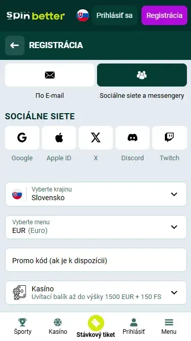 Registrácia Spinbetter cez sociálne siete