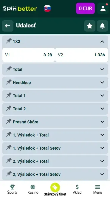 Stávkové trhy Spinbetter Slovensko