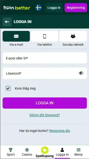 Inloggning på Spinbetter via e-post i Sverige