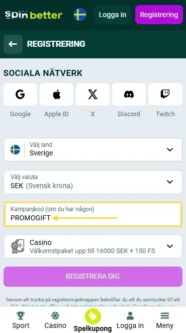 Spinbetters kampanjkod för Sverige