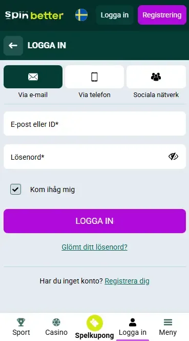 Logga in på Spinbetter via e-post i Sverige