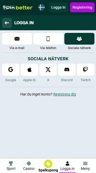 Logga in på Spinbetter SE via sociala nätverk