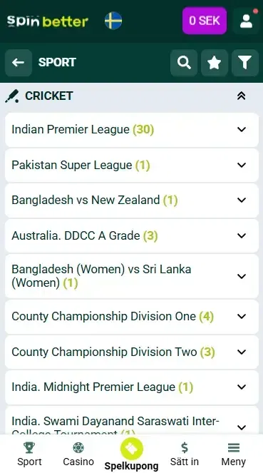 Spinbetter Sverige cricketmatcher och evenemang
