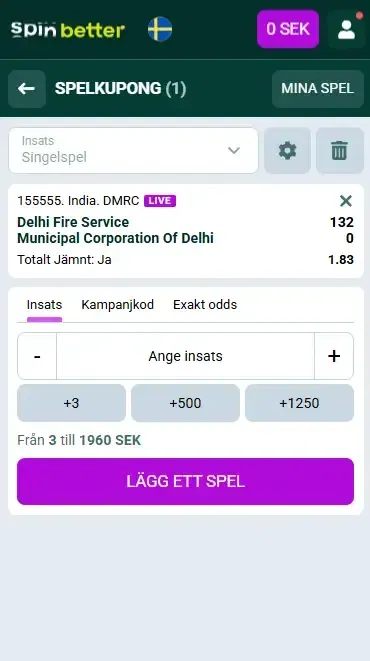 Spinbetter Sverige: Spelkupong för cricket