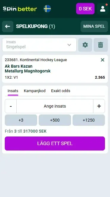 Spinbetter Sverige hockeyspel-kupong