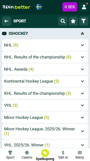 Spinbetter Sverige hockeyevenemang