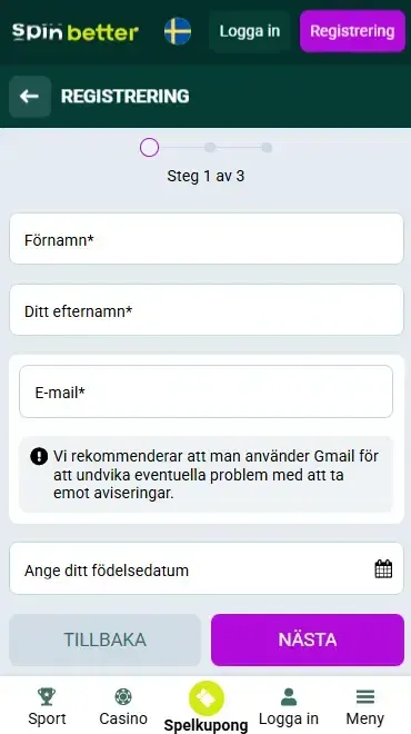 Spinbetter Sverige – Registrering via e-post
