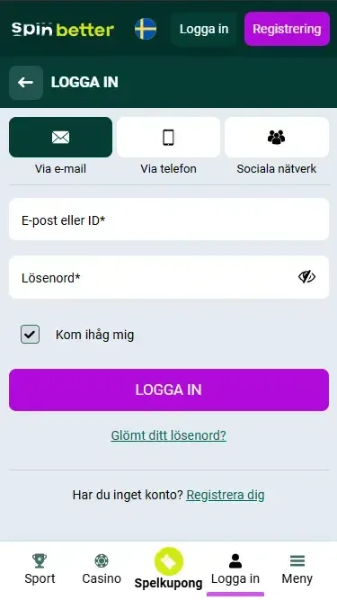 Spinbetter Sverige inloggning via e-post
