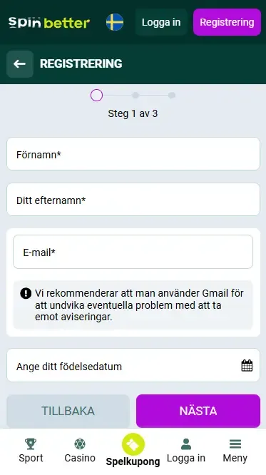 Registrering hos Spinbetter Sverige via e-post