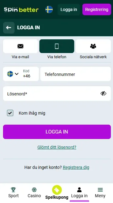 Spinbetter Sverige inloggning via telefonnummer