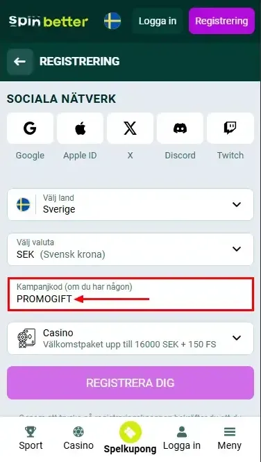 Kampanjkod Spinbetter Sverige